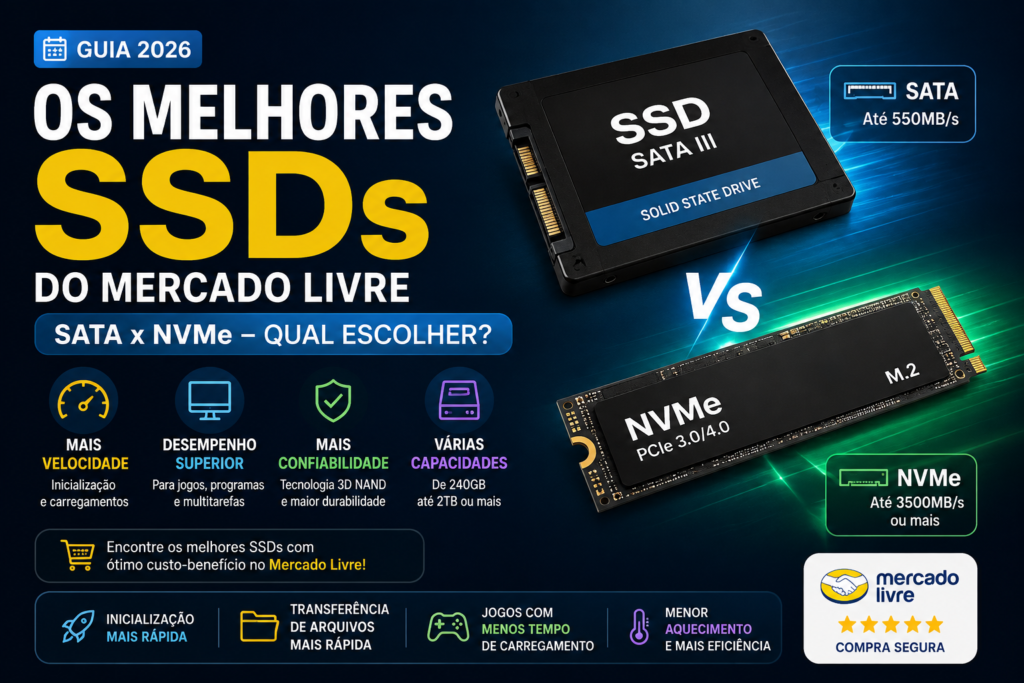 melhores SSDs do Mercado Livre em 2026: comparação entre SSD SATA e NVMe